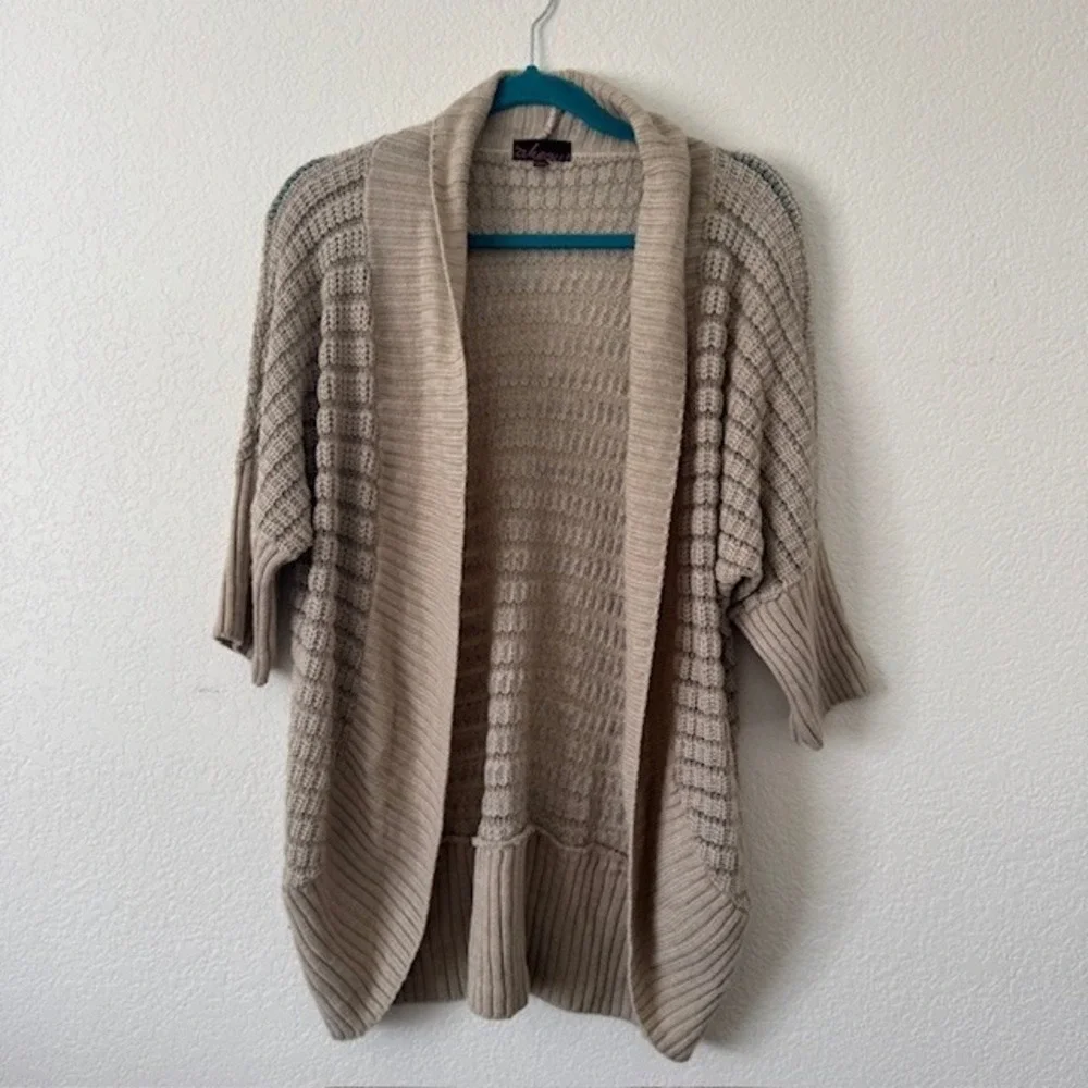Women Casual Beige Knit Open Front Cardigan Sweater 3/4 Sleeve
